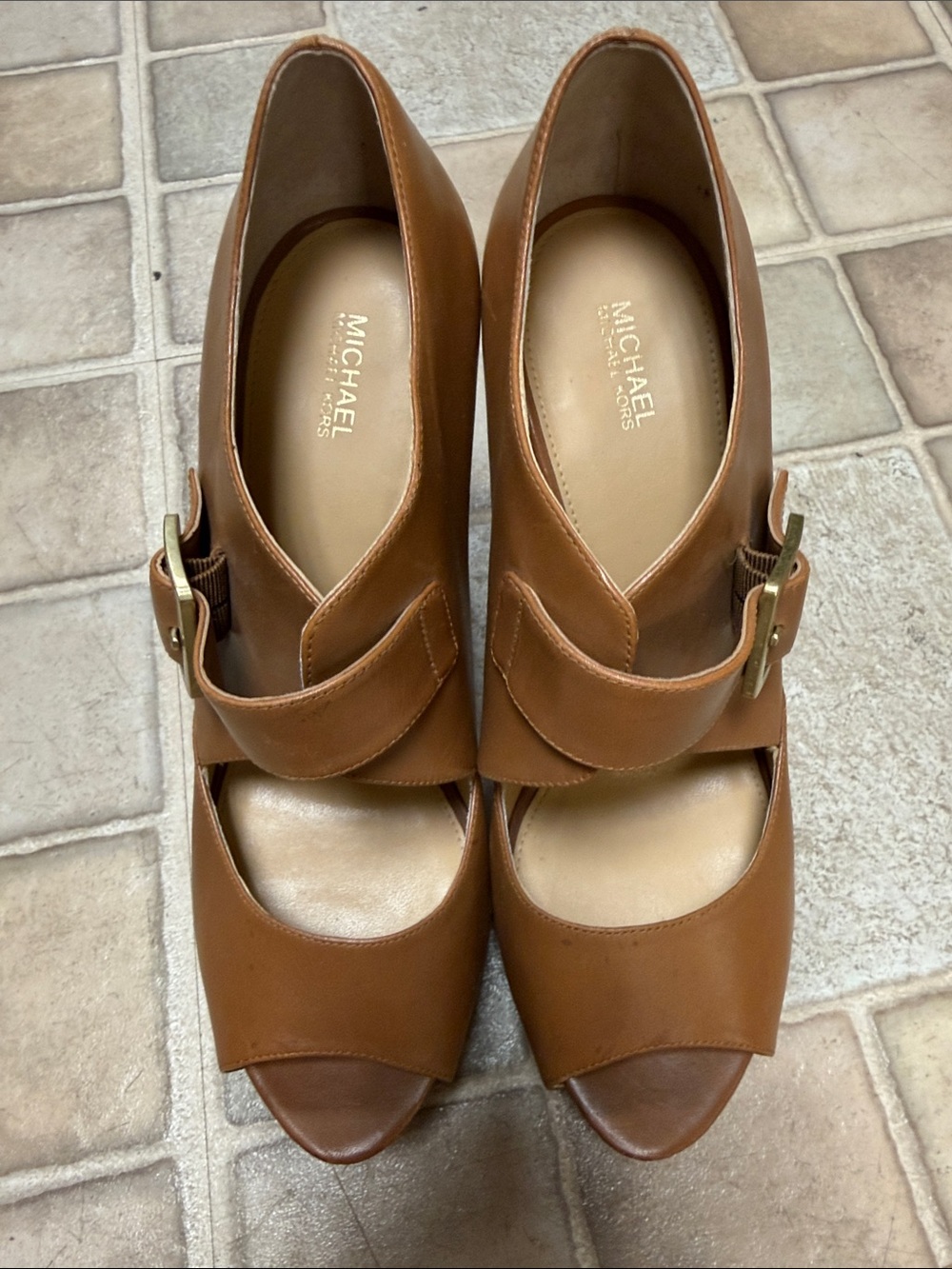 Michael Kors Cognac Leather Peep-Toe Heels with Buckle Detail